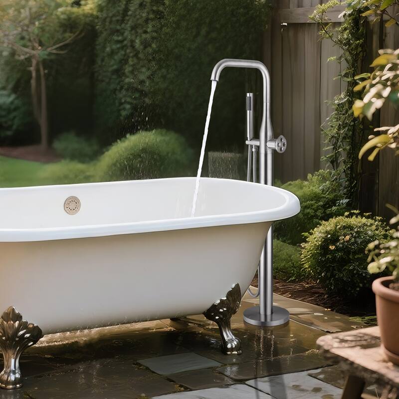 42"H Stainless Steel Floor Mounted Tub Faucet with Handheld Shower