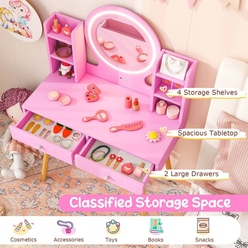 Costway Kids Vanity Set Princess Vanity Desk Set with 2-Color LED - See Details
