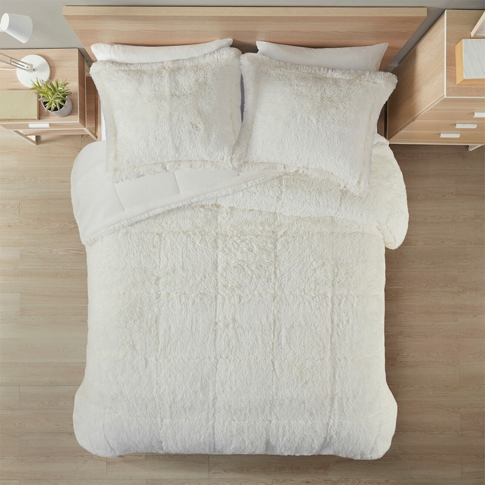 King Cal King Faux Fur Comforter Set Ivory