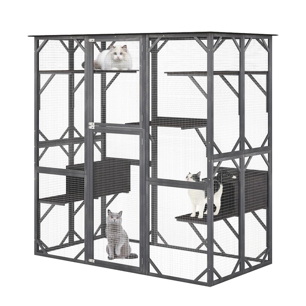 71 Inches Tall Outdoor Wooden Cat House with Weatherproof Asphalt Roof-Grey - 71" x 38" x 71"