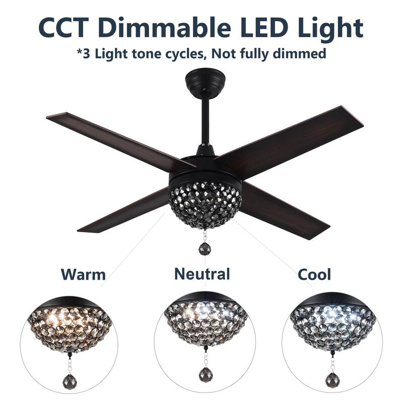 Bella Depot 52" Modern Crystal Ceiling Fan with LED Light, Reversible Ceiling Fan with Remote Control