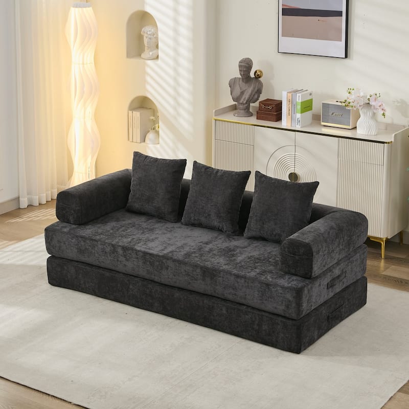 3-Tier Design Convertible Chenille Sofa Bed, Folding Sleeper Floor Sofa with Pillows, No-Assembly Modular Sofa Couch