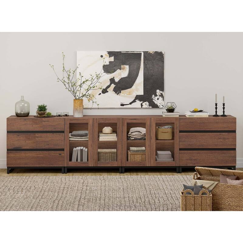 4 in 1 Modern Dresser with Glass Doors and 6 Drawers,Storage Cabinet with Adjustable Shelves, Chest of Drawers for Bedroom