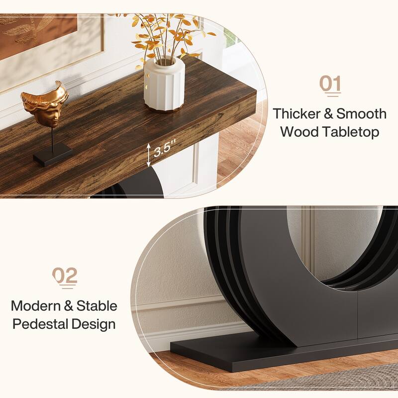 Industrial Sofa Console Table with Round Metal Base for Entryway