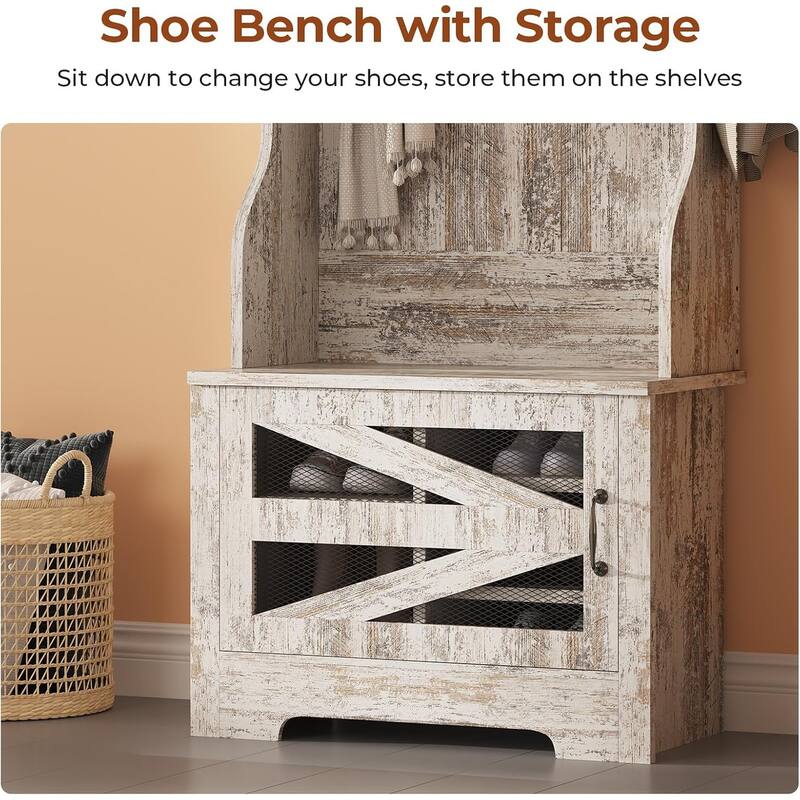 Hall Tree w/ Bench Shoe Storage Shoe Cubby Barn Door Adjustable Shelf