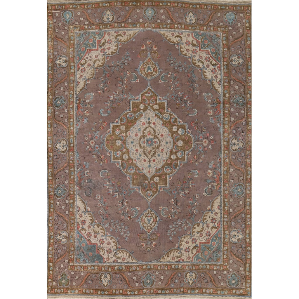 Distressed Gray Tabriz Vintage Persian Area Rug Handmade Wool Carpet - 7'11" x 11'0"