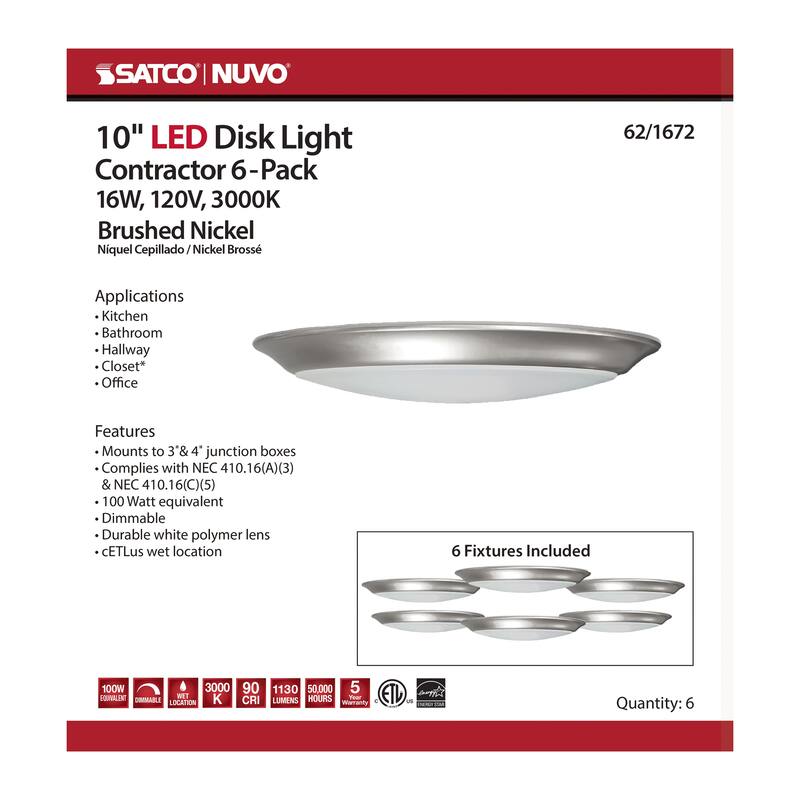 10 inch LED Disk Light 3000K 6 Unit Contractor Pack Brushed Nickel
