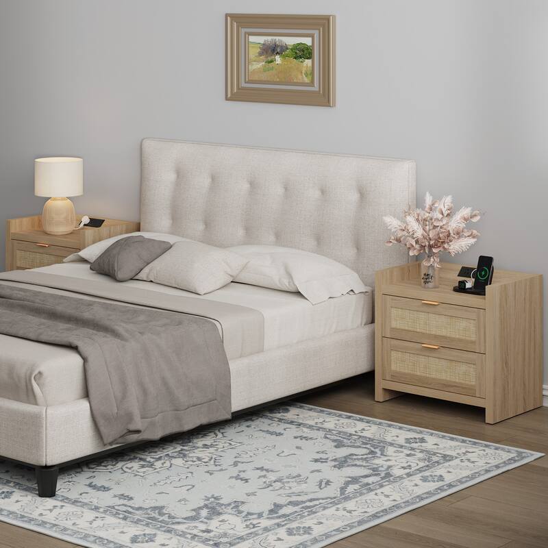 Farmhouse Nightstand with Charging Station and Drawers