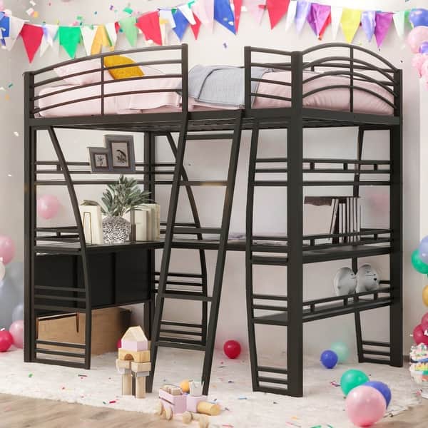 slide 2 of 12, Full Size Loft Bed With Shelves,Desk,Sockets,USB Ports,Wireless Charging Black