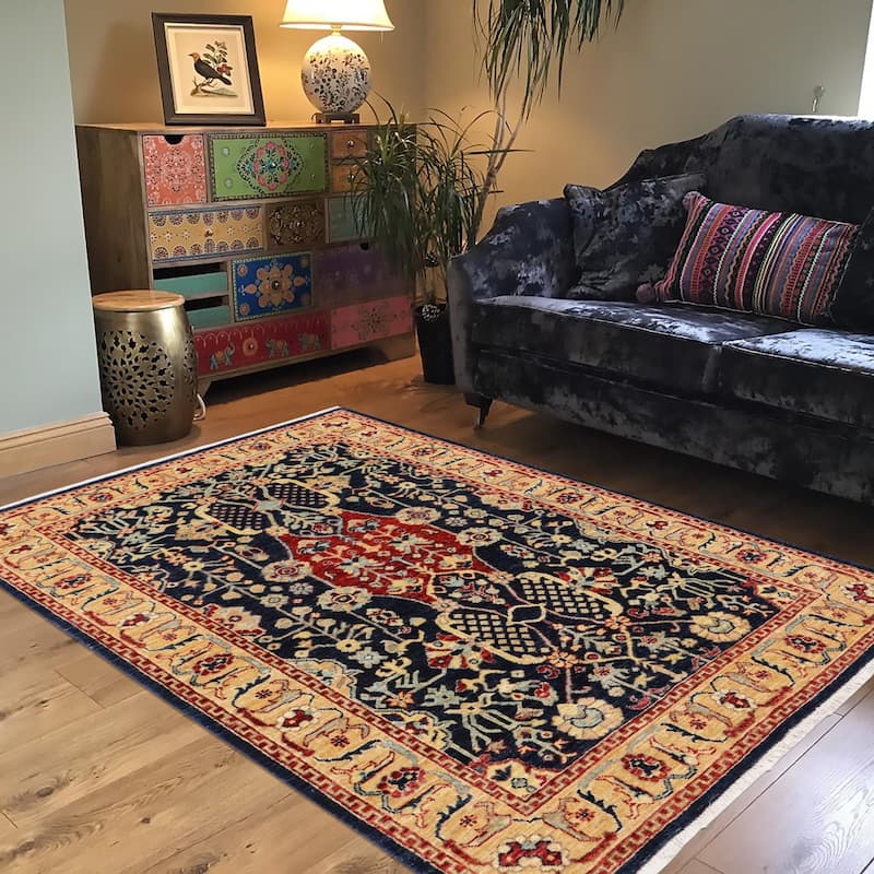 Southwestern Heriz Ziegler Finley Blue Tan Hand-Knotted Rug - 4'2'' x 6'1''