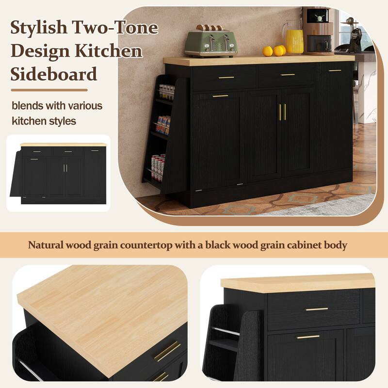 Kitchen Island, Multi-Functional Kitchen Sideboard - Storage Cabinet with Trash Can Holder, Sliding Door & 3-Tier Spice Rack
