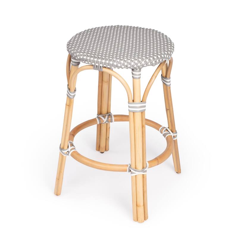 Tobias 24" Rattan Round Counter Stool - Gray/White Dot / Natural Rattan Frame