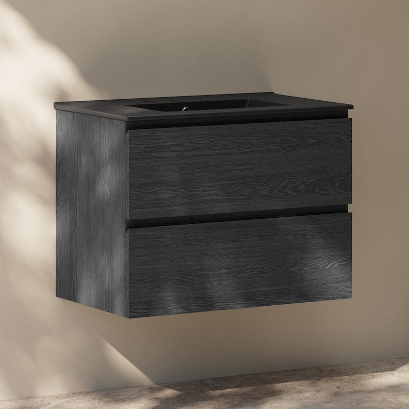 Liberte 30" Wall-Mounted Bathroom Vanity In Black Oak With Black 3-Hole Widespread Sink Top - 30