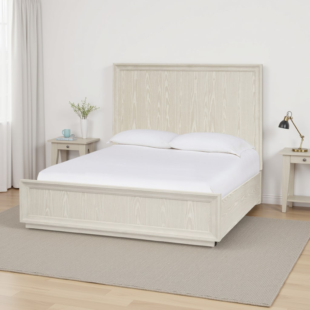 Maxi Full Size Platform Bed High Headboard Wire Brushed Wood Beige