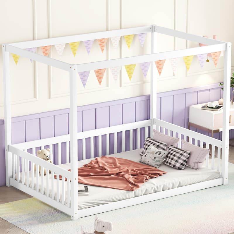 White Full Size Pine Wood Canopy Frame Floor Bed with Guardrails