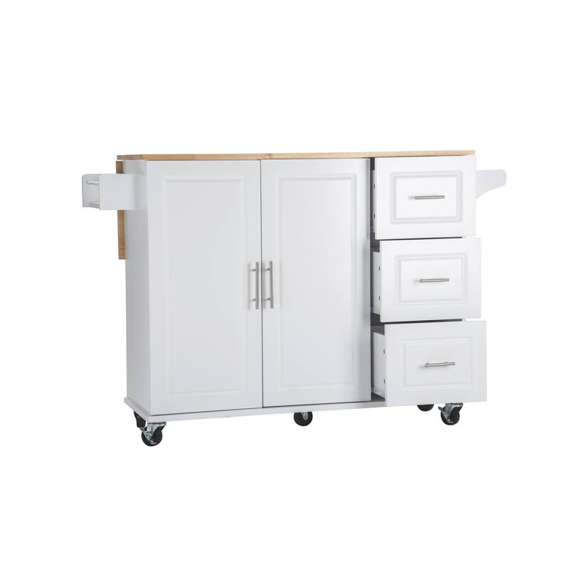Kitchen Island with Extensible Wood Table Top, Mobile Island Table on Wheels, Kitchen Cart with Adjustable Shelf & 3 Drawers