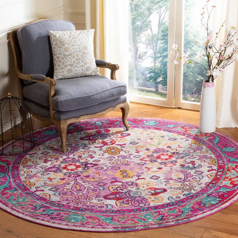 SAFAVIEH Crystal Waldtraud Vintage Boho Oriental Rug - 7' Round - Light Blue/Fuchsia