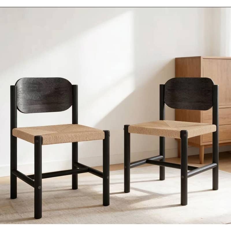 Wooden Armless Dining Chairs, Beige Paper Rope Weave Seat, Indoor Kitchen Chairs, Set of 2 - Black