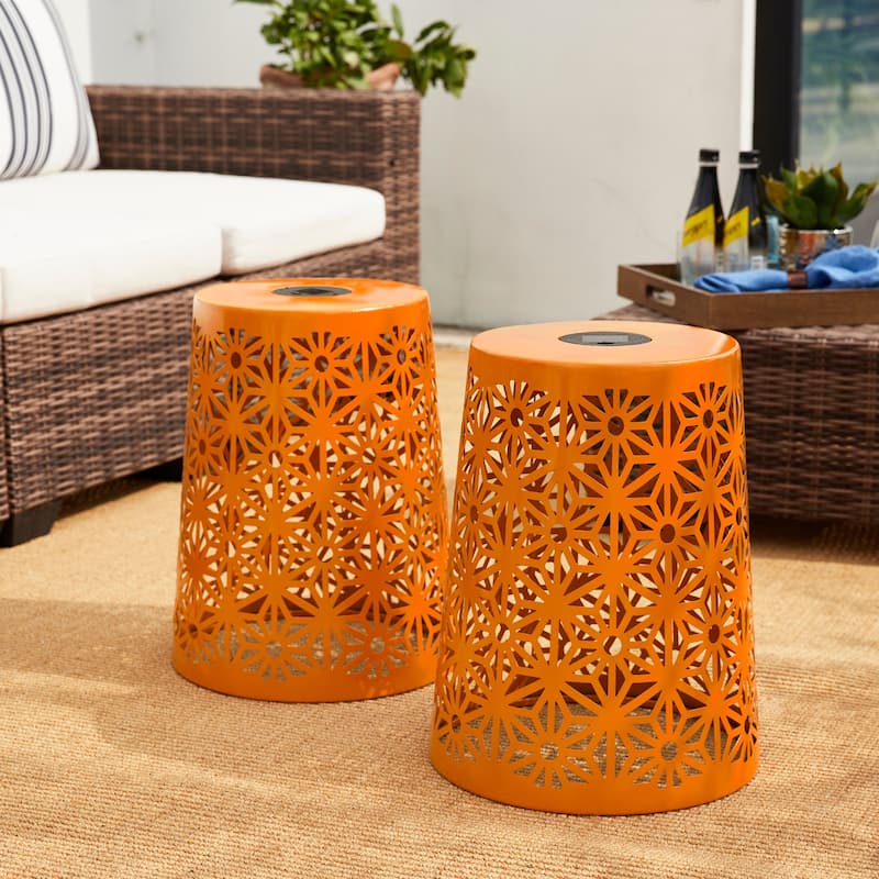 Glitzhome 17.5"H Set of 2 Cutout Geometric Pattern Solar Powdered LED Light Garden Stool