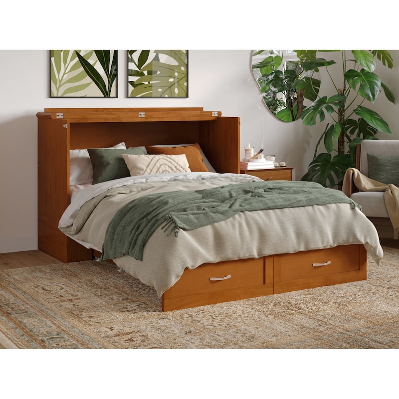 Full Murphy Bed Chest with Mattress & Storage - Light Toffee Finish