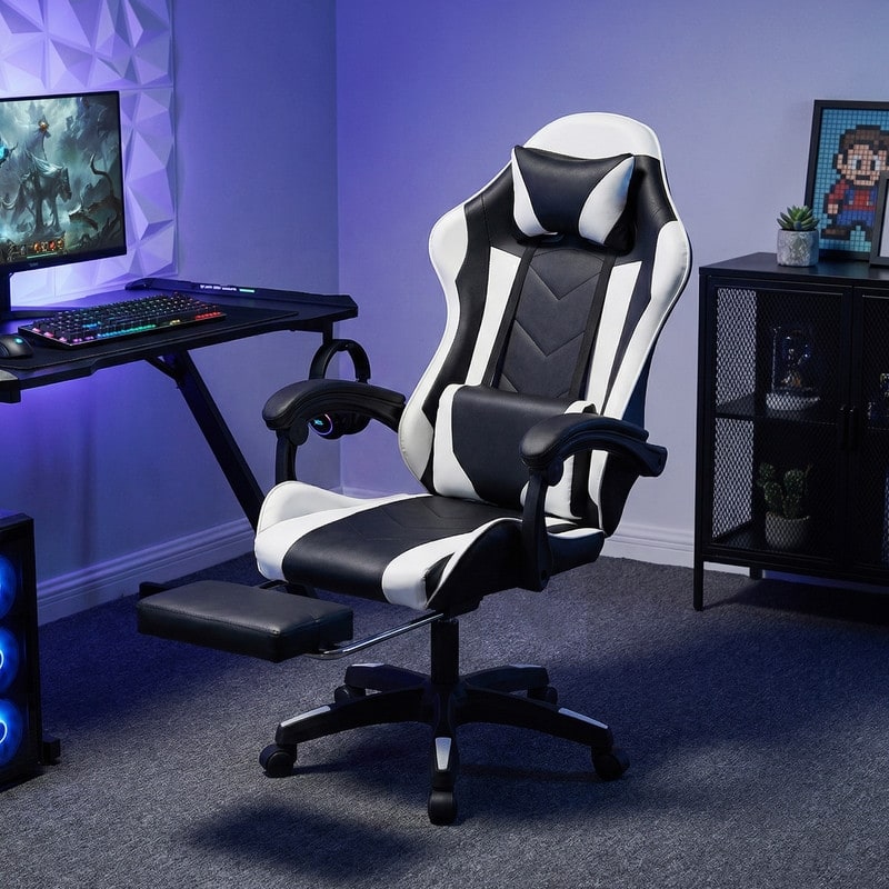 Adjustable Height Ergonomic Gaming Chair, 90°-135° Recline & 360° Swivel, Premium PVC Fabric