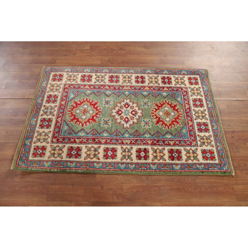Green Geometric Kazak Oriental Foyer Rug Hand-Knotted Wool Carpet - 2'8" x 4'0"