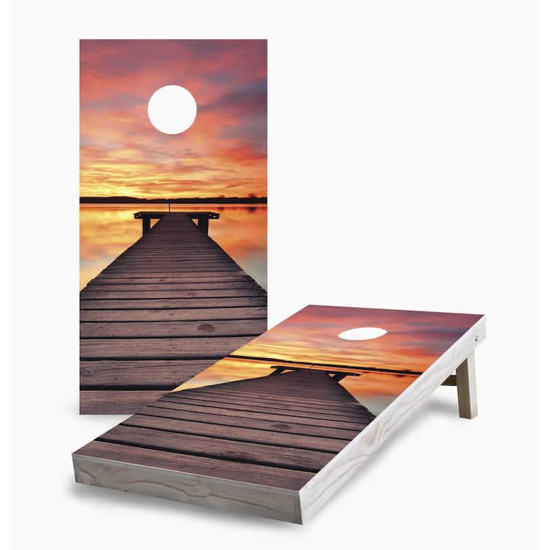 Sunset Beach Boardwalk Cornhole Game (Choose Wraps or Boards) - 2x4 Boards (24" x 48") - Include Case + Hole Lights