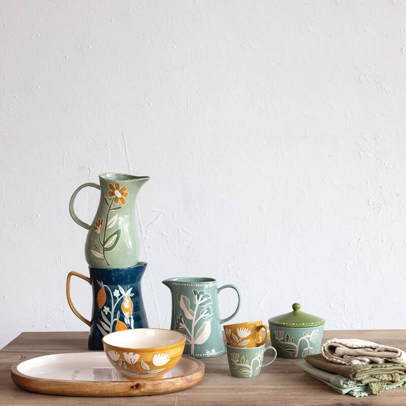 Hand-Painted Stoneware Pitcher with Wax Relief Pattern - 8.0"L x 6.5"W x 8.0"H - 8.0"L x 6.5"W x 8.0"H