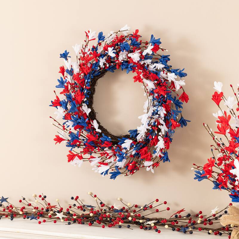 Glitzhome Patriotic/ Americana Red White Blue Floral Wreath or Stars Berry Garland