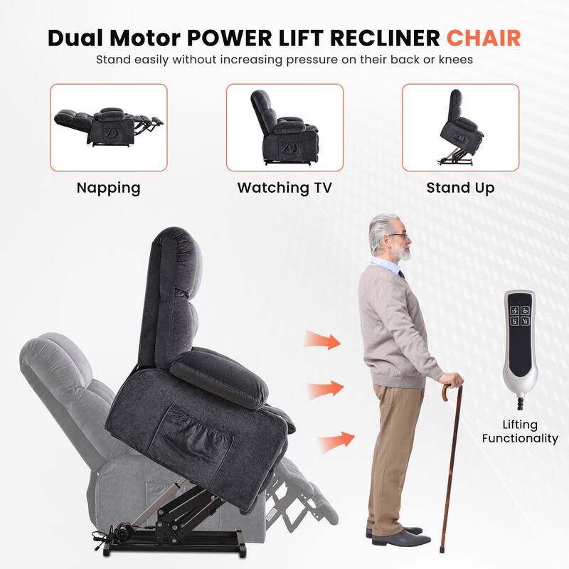 Dual Motor Power Lift Recliner Chair, Lay Flat Lift Chair w/Heat and Massage & Cup Holders, Extra Wide Recliner for Big People