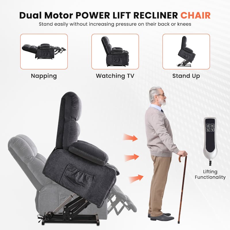 Power Lift Recliner Chair with Heat, Dual Motor Infinite Position Heavy Duty Recliner, Lounge Sofa with USB Ports & Cup Holders
