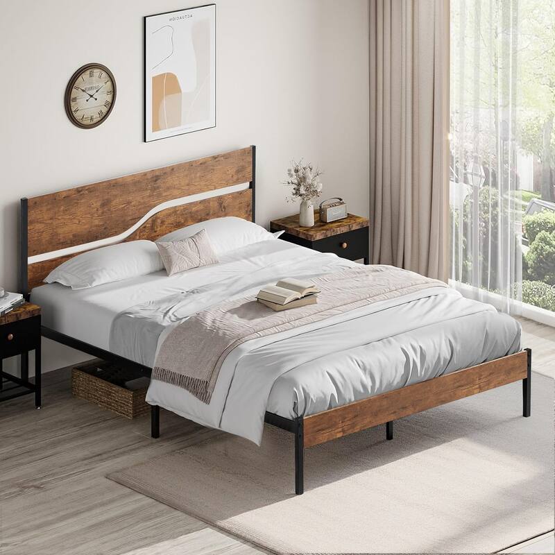 VECELO Beds Industrial Platform Bed Frame with Wood Headboard,Easy Set up