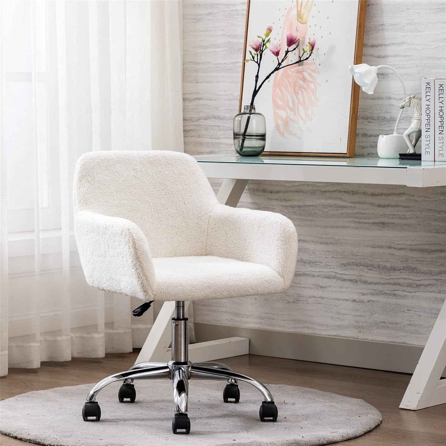 Elegant White Faux Fur Swivel Office Chair with Adjustable Height and Armrests