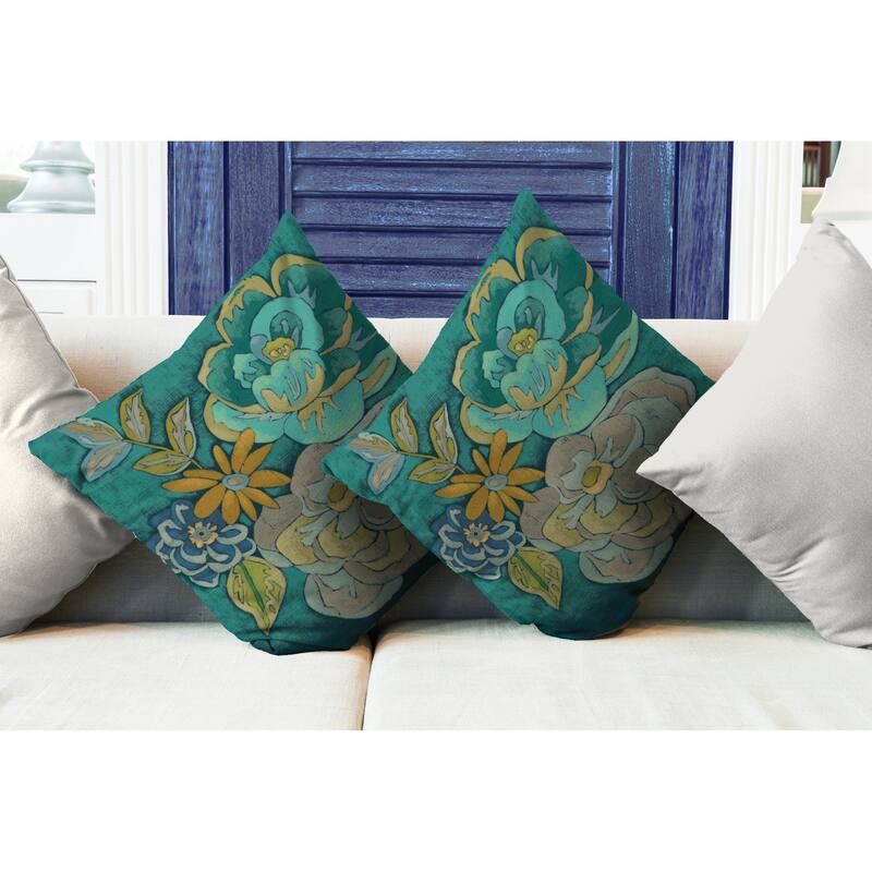 Laural Home Teal Bouquet I Outdoor Decorative Pillow