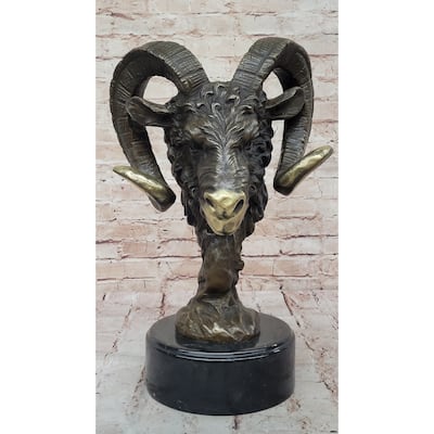 Rams Head Bust Bronze Metal Sculpture Statue On Marble Base Signed Original Art 17 Inches X 10 Inches