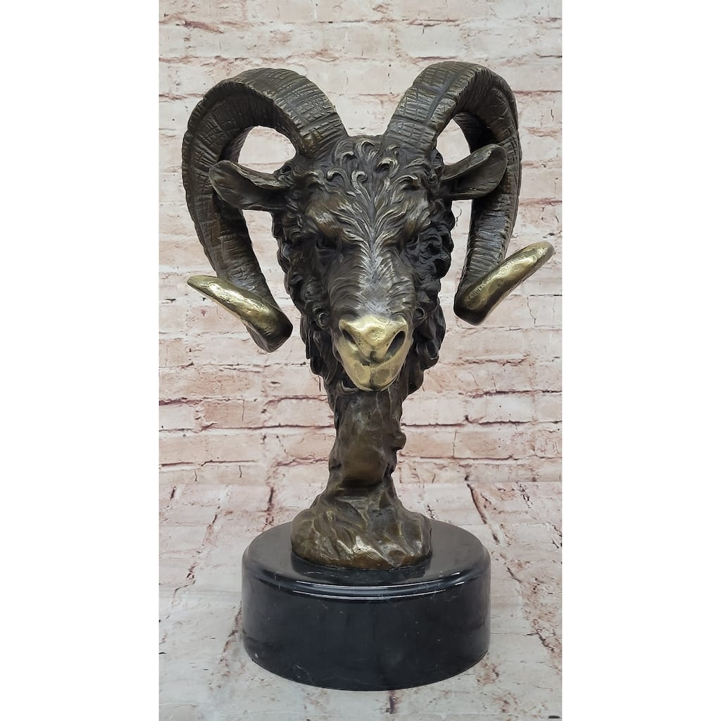 Rams Head Bust Bronze Metal Sculpture Statue On Marble Base Signed Original Art 17 Inches X 10 Inches