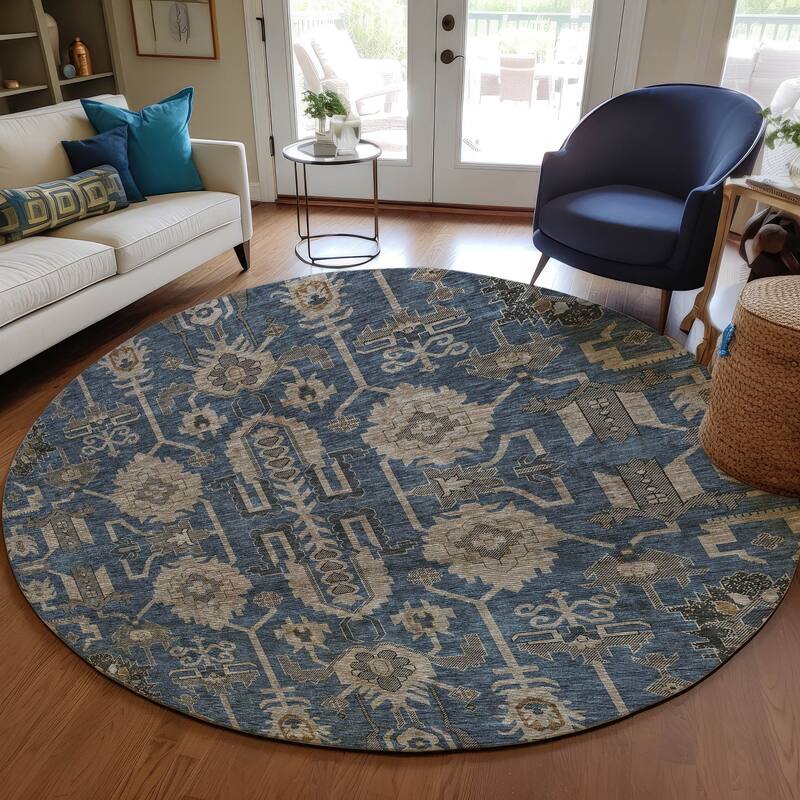 Machine Washable Indoor/ Outdoor Chantille Traditional Boho Rug - Navy - 8' x 8'