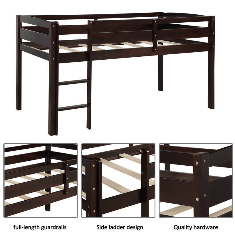 Espresso Twin Low Loft Bed with Ladder & Fence