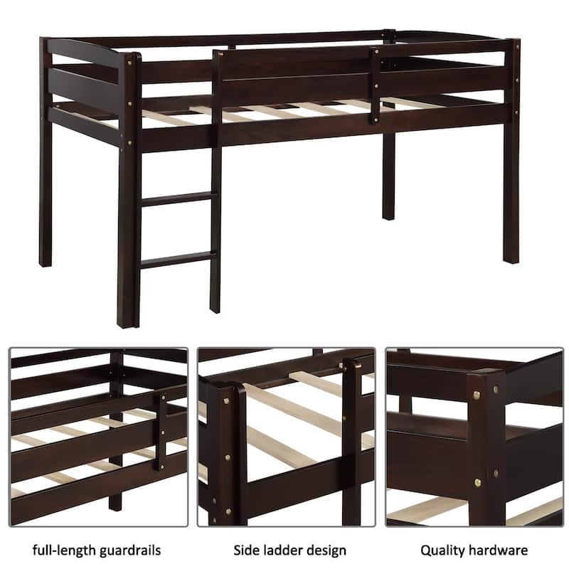 Espresso Twin Size Wood Low Loft Bed with Ladder and Fence for Kids, Boys and Girls
