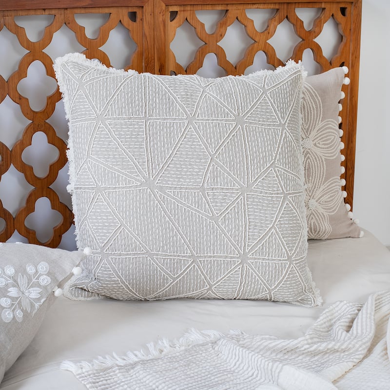 Sevita Hand-Woven Beige/Ivory Botanical Linen Throw Pillow, 20" x 20"