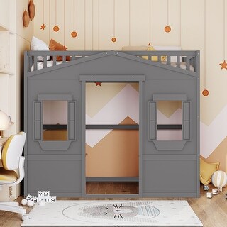 Twin House Loft Bed wBed House Frame, Ladder, Guardrail, Windows, Grey