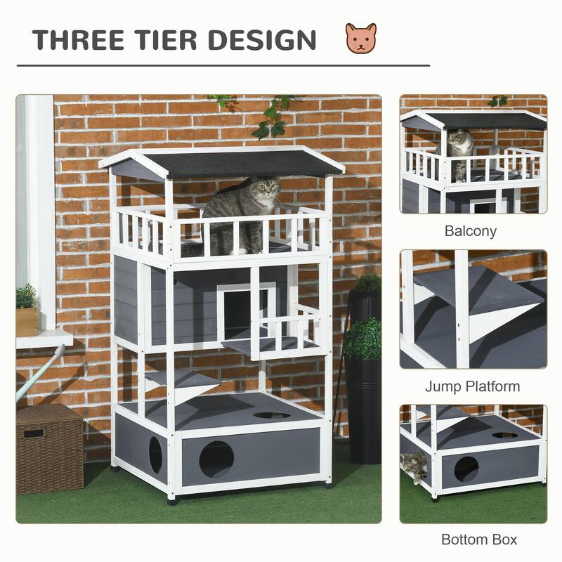 Wooden Outdoor Cat House with Escape Doors, Jumping Platforms, Balcony and Private Shelter, Cat Climbing Furniture