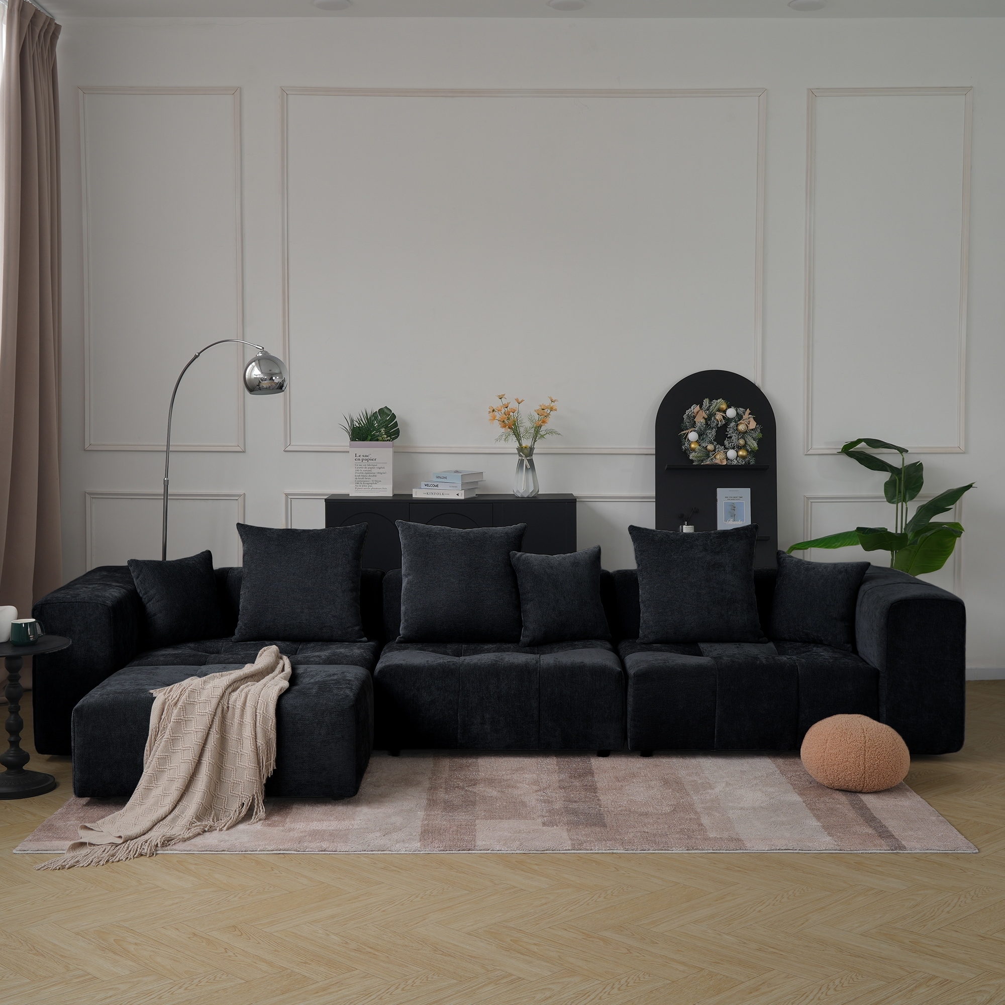 3-Seater Cloud Modular Sectional Sofa with 6 Throw Pillows and Ottoman, L-Shaped Compression Couch