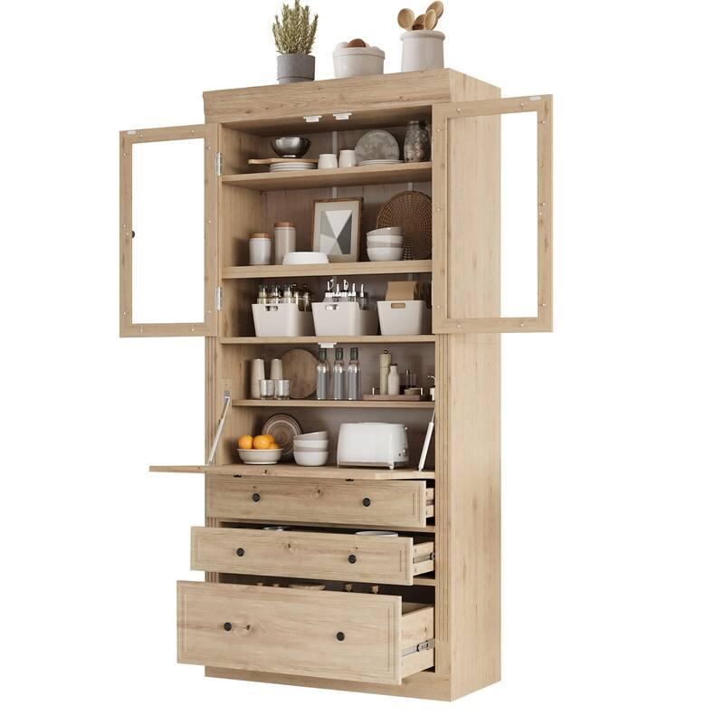 Freestanding 78" Tall Kitchen Pantry Storage Cabinet with Drop-Down Surface and Adjustable Shelves,Power Outlet for Organization