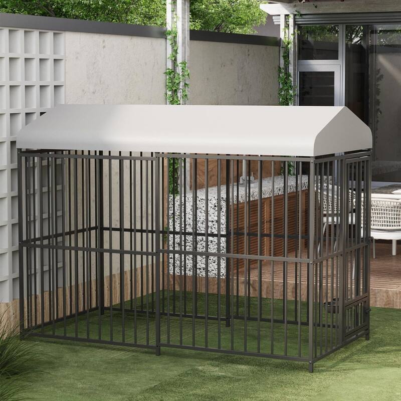 Dog Cage Kennel with Rotating Feeding Bowl Waterproof Roof Cover