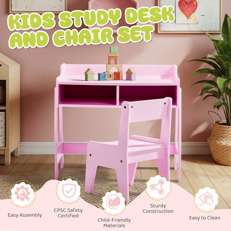 MDF Children's Study Desk And Chair Set With 2 Storage Compartments
