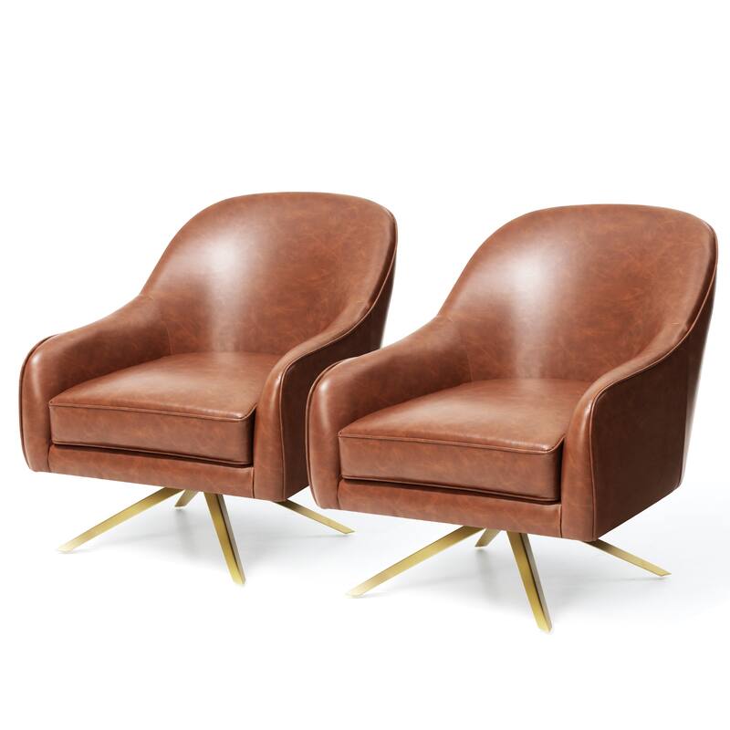 Swivel Club Chair PU Leather Leisure Upholstered Armchair - Brown - 2PC