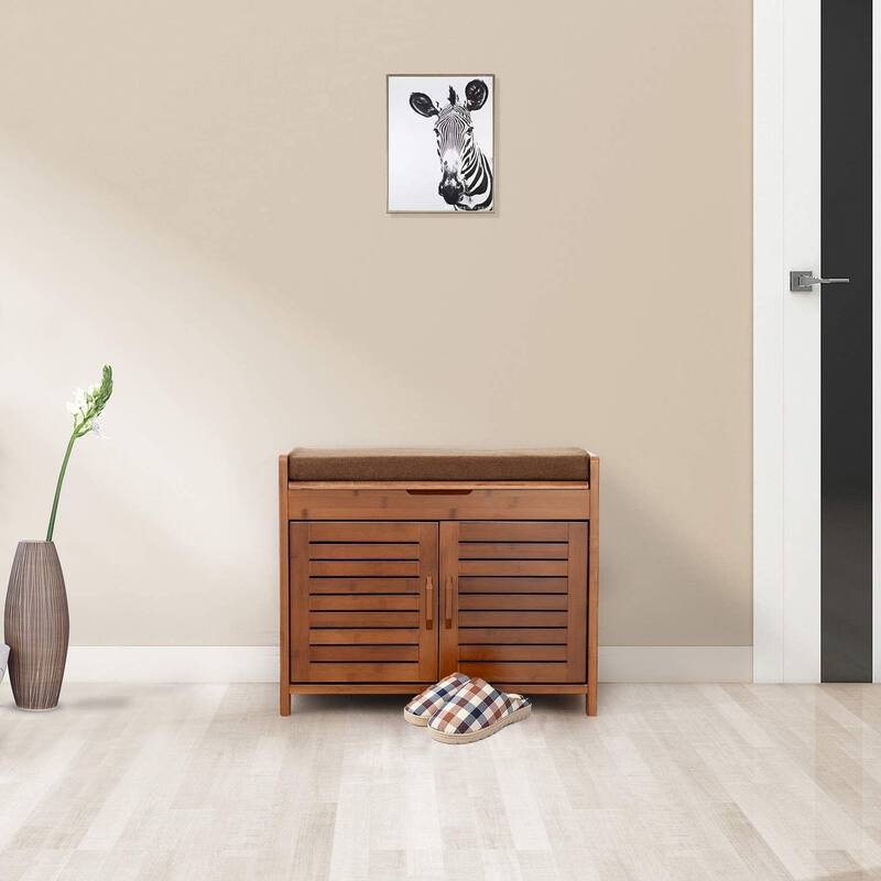 Shoe Storage Bench, Bamboo Shoe Rack with Door Storage Space and Soft Cushion