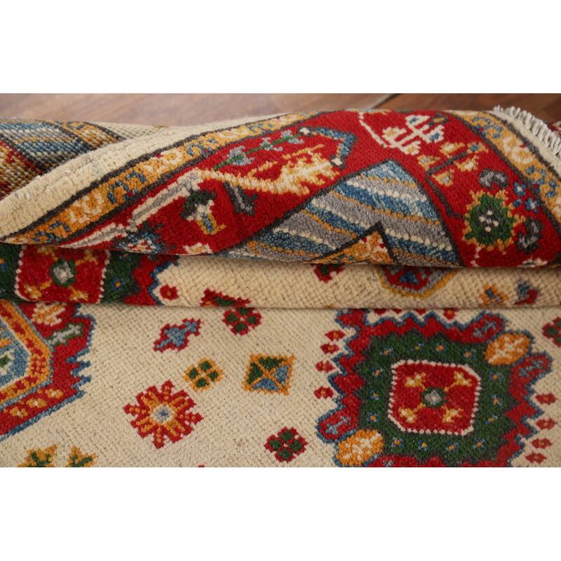 Traditional Kazak Foyer Rug Handmade Beige Geometric Wool Carpet - 3'4" x 4'11"