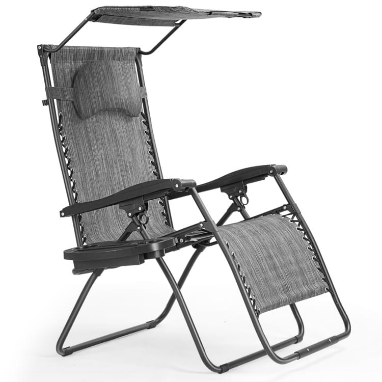 Folding Recliner Lounge Chair w/ Shade Canopy Cup Holder - Gray - Grey
